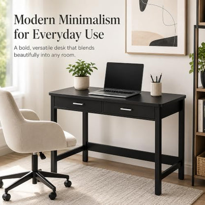 4NM 39.4" Small Desk with Wood Drawers, Home Office Computer Desk with Wooden Legs, Study Writing Table Vanity Desk for Small Spaces - Black