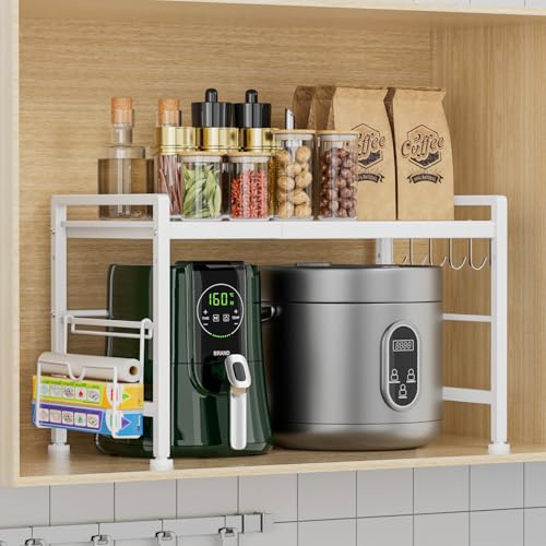 YIUKEA Extendable Microwave Oven Rack - Adjustable Kitchen counter shelf, 2 Tier Microwave Stand (L15.7~23.6" xW12.8 xH17.7) with 6 Hooks for Kitchen Countertop Organizer (White) - color: White