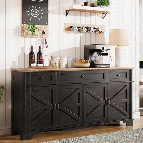 BestHaped 65 Inch Farmhouse Buffet Cabinet with Storage, Black Sideboard Buffet Cabinet with Adjustable Shelves & 3 Drawers, Buffet Table Coffee Bar Wine Bar Storage for Kitchen & Living Room - color: Black, size: 65 inch
