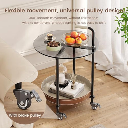 Guyii 2-Tier Sofa End Table with Storage Modern Sofa Side Table with Wheels Round Temper Glassed Coffee Table 360 Rotation Rolling Cart for Living Room Bedroom Office - color: Black