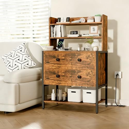 39 Inch Tall Nightstand with 2 Drawers & Charging Station, Brown | 4-tier Open Shelves, P2 Particle Board, Steel Frame, 2 AC Outlets, 2 USB Ports, Suitable for Dorm and Apartment - color: Retro Brown