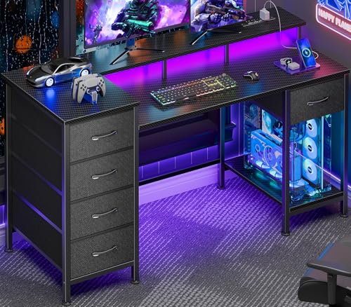 Korfile 47 Inch Computer Gaming Desk with Power Outlets & LED Lights Reversible Home Office Desk with Adjustable 5 Fabric Storage Drawers for Working Writing Study, Carbon Fiber Black - color: Carbon Fiber Black, size: 47 Inch