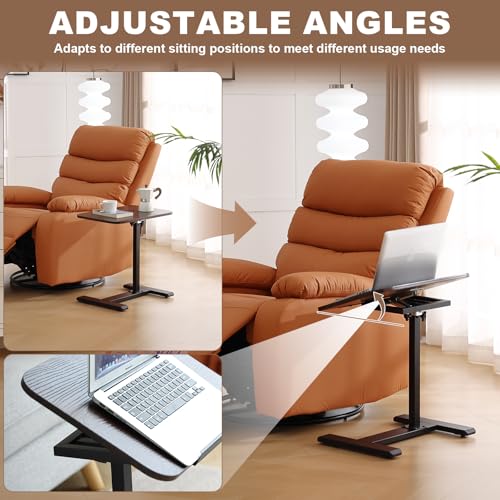 Solid Wood C-Shaped Side Table,360° Rotating TV Tray Table,Height-Adjustable,Sliding Sofa Table,Rolling Laptop Desk for Living Room and Bedroom Use with Sofa,Bed,Chair-Deep Walnut - color: Deep Walnut