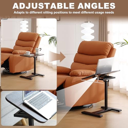 Solid Wood C-Shaped Side Table,360° Rotating TV Tray Table,Height-Adjustable,Sliding Sofa Table,Rolling Laptop Desk for Living Room and Bedroom Use with Sofa,Bed,Chair-Deep Walnut - color: Deep Walnut