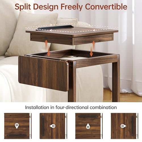 OtterOasis C Shaped End Table for Couch Rolling Side with Wheels Walnut | Wood, Desk Tv Tables, with Folding Desktop, Lockable Wheel, with Hidden Storage, for Living Room, Bedroom - color: Walnut