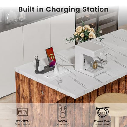 Home Bar Unit with LED Lights and Charging Station, Imitation Marble Mini Coffee Bar Pub Table with 2-Tier Storage, Footrest, Drop Leaf Kitchen Islands for Dining Room, Bistro, Living Room