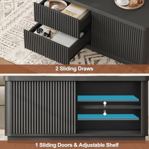Itaar 39.4'' Lift Top Coffee Table with Storage, Fluted Coffee Tables for Living Room, Square Coffee Table with Large Hidden Compartment & 2 Drawrs & Adjustables Shelves, Black - color: Black