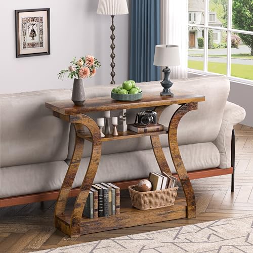 47" Wood Console Table for Entryway, Narrow Sofa Table with 3-Tier Shelves | Curved Legs Farmhouse Hallway Table, Skinny Console Table Behind Couch, Wooden Entry Table for Living Room Rustic Brown - color: Rustic Brown
