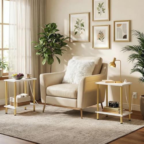 HOOBRO Side Table with Charging Station, Set of 2 End Tables with USB Port and Outlets, Nightstand with 2-Layer Storage Shelves for Small Spaces, Living Room, Bedroom, White and Gold DW09UBZP201 - color: White + Gold