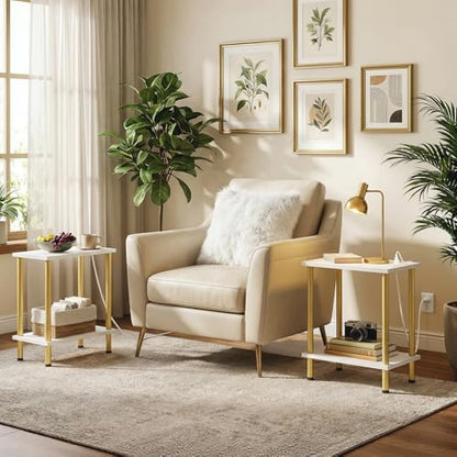 HOOBRO Side Table with Charging Station, Set of 2 End Tables with USB Port and Outlets, Nightstand with 2-Layer Storage Shelves for Small Spaces, Living Room, Bedroom, White and Gold DW09UBZP201 - color: White + Gold