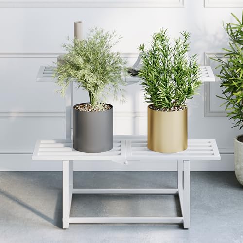 Plant Stand Indoor Outdoor, Foldable Metal Plant Shelf for Multiple Pots, Mid Century Slatted Bench for Patio Garden, Heavy Duty Capacity 330 lbs 2 Tier White - color: 2 Tier white