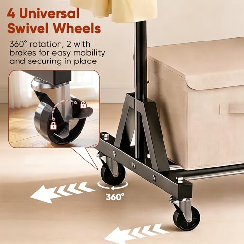 Rolling Garment Rack - Retractable Clothes Rack with Hanging Rods, Lockable Wheels and Bottom Storage Shelf - Sturdy Coat Rack, Freestanding Clothing Organizer for Bedroom, Laundry & Closet - color: 1-tier (56.7 H")
