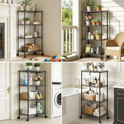 4-Tier Wire Shelf Metal Rack, Narrow Wire Shelving Unit, Small Wire Shelf | 17.3"Wx11.4"Dx44.3"H,Height Adjustable Storage Pantry Shelves with Lockable Wheels for Kitchen Office,Bathroom Small Spaces - color: 4-tier Black-17.3"x11.4" X44.3"(wxdxh)