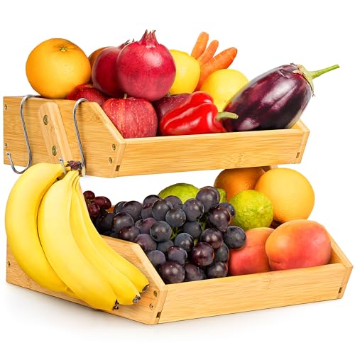 Fruit Basket with Banana Hanger - 2-Tier Bamboo Storage Organizer | Golden Nature space-saving stand holder bowl keeps fruits and vegetables organized, visible, and within easy reach