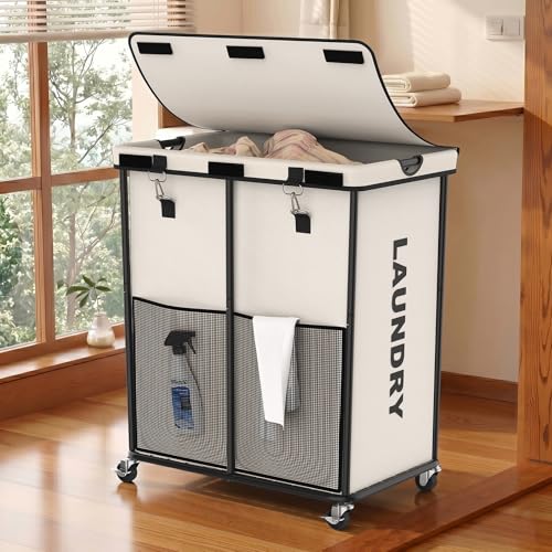 Laundry Hamper with Wheels and Lid, 225L Heavy Duty Rolling Laundry Basket, 110 lbs Capacity, Removable Inner Bag, Clothes Storage Organizer for Bedroom Bathroom Dorm, White - color: White, size: 225L