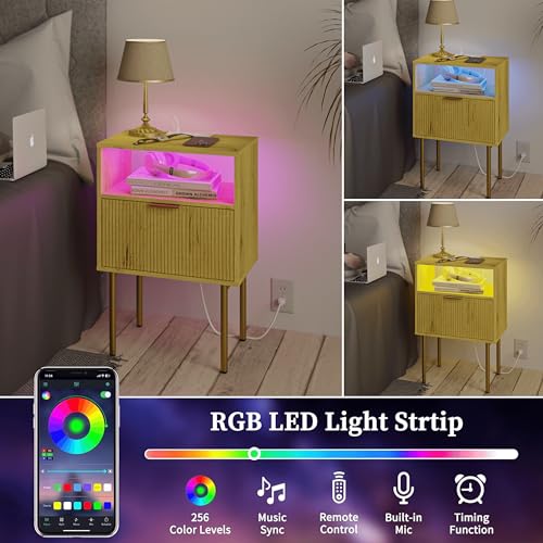 JOONEE Nightstand with Charging Station, Bedside Table with Storage Drawer, Fluted Side Table for Living Room, Bedroom - color: Yellow Oak
