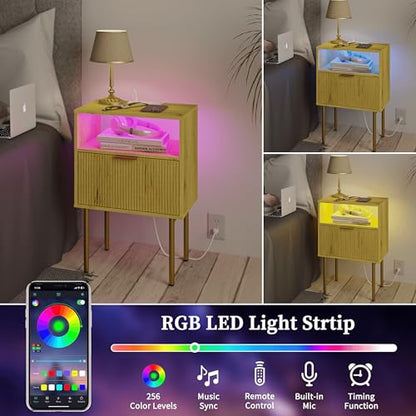 JOONEE Nightstand with Charging Station, Bedside Table with Storage Drawer, Fluted Side Table for Living Room, Bedroom - color: Yellow Oak