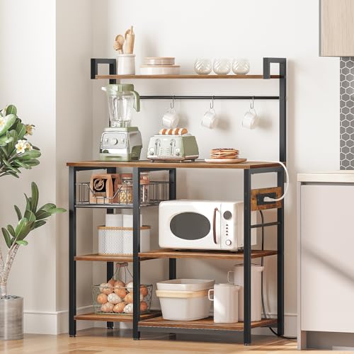 HOOBRO Bakers Rack with Power Outlet, 35.4 Inches Coffee Bar with Mesh Basket, Microwave Stand with 4 S-Shaped Hooks, Kitchen Bakers Rack with Storage, Easy to Assemble, Rustic Brown BF05HB01 - color: Rustic Brown + Black