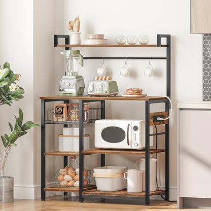 HOOBRO Bakers Rack with Power Outlet, 35.4 Inches Coffee Bar with Mesh Basket, Microwave Stand with 4 S-Shaped Hooks, Kitchen Bakers Rack with Storage, Easy to Assemble, Rustic Brown BF05HB01 - color: Rustic Brown + Black