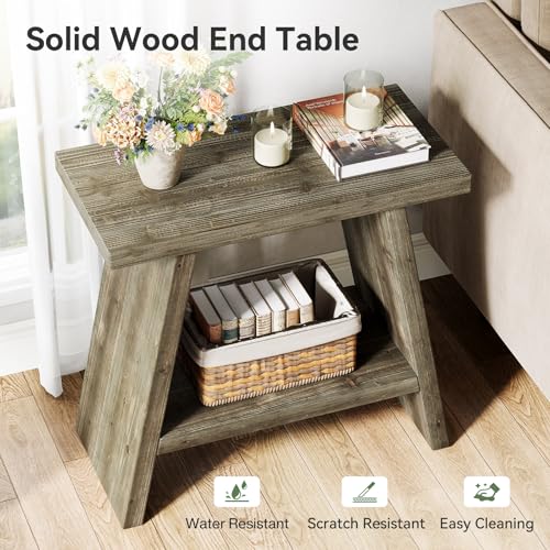 Solid Wood End Table for Living Room, Narrow Small Side Table with 2-Tier Storage, Farmhouse Bedside Nightstand for Bedroom, Small Places, Washed Brown (1PCS) - color: Washed Brown