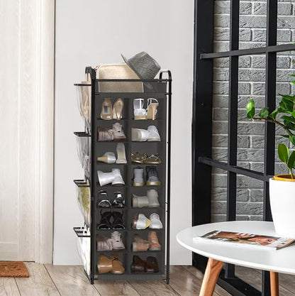 Simple Houseware 16 Cube Shoe Stand Tower Rack 8 Tier, Dark Gray | Top Shelf and Side Hanging Pockets - color: Dark Gray