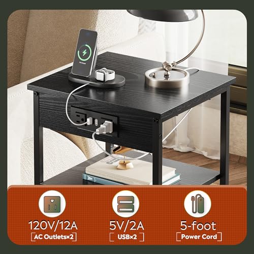 WLIVE Black End Table with Charging Station, Slim Night Stand with 3 Storage Shelves, Small Side Tables for Small Spaces, Bedside Tables for Living Room, Bedroom | Side Tables with Storage Adjustable Shelf for Small Spaces; Bedside Tables for Living Room,