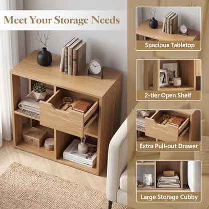 Giantex 3 Cube Bookcase with Drawer, 2 Tier Bookshelf for Small Space, Modern Freestanding Display Rack with Open Shelves, Natural Book Case, Wood Cube Storage Organizer Bedroom Living Room, 2 Pack - color: Natural