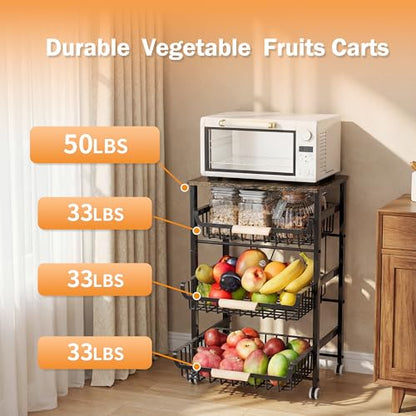 JAQ Fruit Vegetables Carts, 4-Tier Slide Out Metal Storage Baskets Stand Organizers with Wood Top and Handle on Rolling Wheels for Onions in Kitchen Pantry Fruteros para Cocina -(Black, 4 Layer) - color: 4-tier/Black