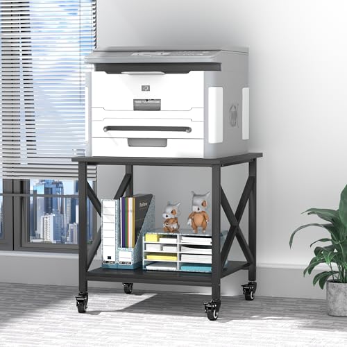 Printer Stand, 23.6 x 23.6 Inches Large Printer Stand with Storage Shelf, 2 Tier Printer Table for Home Office, Rolling Printer Cart with Industrial Wheels, Mini Fridge Stand Table, Black - color: Black