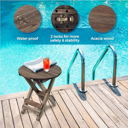 Small Patio Table, Outdoor Folding Side Table, Portable Accent Coffee End Table, Wood Top for Living Room, Bedroom (Round - Walnut-Set of 2)