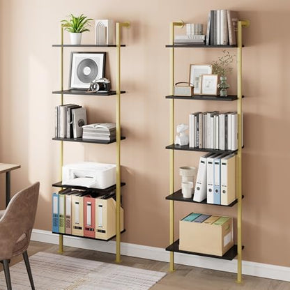 Acovy 5-Tier Bookshelf Solid Wood Ladder Shelf, Narrow Book Shelf Display Shelf, Wooden Bookcase, Wall Mount Ladder Shelf, Storage Rack for Living Room, Bedroom, Industrial Style, Black&Gold - color: Black&gold