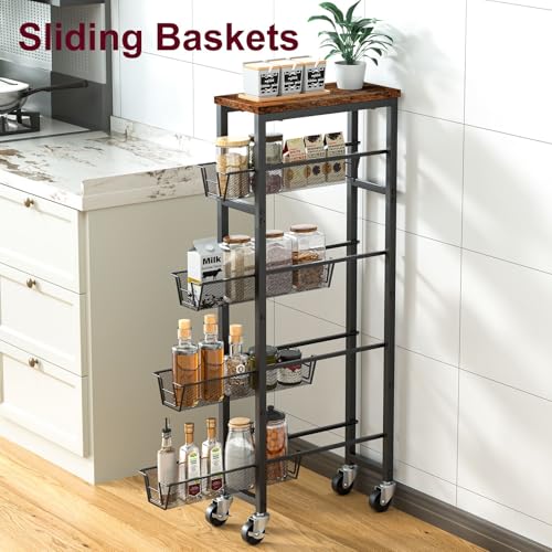 Honest Slim Storage Cart 4-Tier Slim Rolling Cart with Metal Frame and Wooden Top, 6.3 Inches, Storage Cart for Kitchen, Dining Room, Living Room, Bathroom, Home Office, Rustic Brown and Black - size: 4 Tiers (6.3"D x 30.3"H)