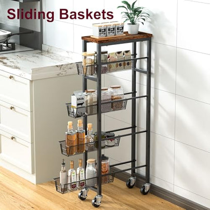 Honest Slim Storage Cart 4-Tier Slim Rolling Cart with Metal Frame and Wooden Top, 6.3 Inches, Storage Cart for Kitchen, Dining Room, Living Room, Bathroom, Home Office, Rustic Brown and Black - size: 4 Tiers (6.3"D x 30.3"H)