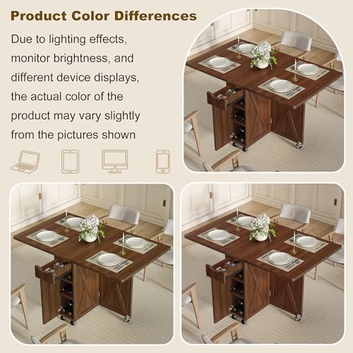 52.7" Folding Dining Table with 6 Wheels, Foldable Dining Table with Drawer, Shelves and Wine Racks, Drop Leaf Table for Small Spaces, Suitable for Kitchen, Dining Room, Apartment (Walnut) - color: Walnut