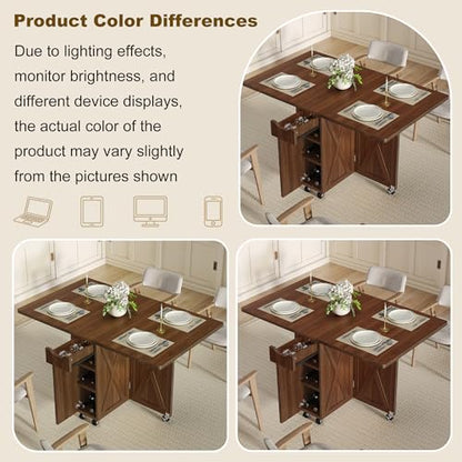 52.7" Folding Dining Table with 6 Wheels, Foldable Dining Table with Drawer, Shelves and Wine Racks, Drop Leaf Table for Small Spaces, Suitable for Kitchen, Dining Room, Apartment (Walnut) - color: Walnut