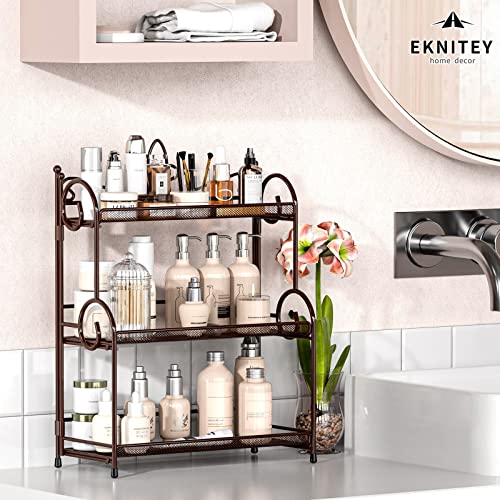 EKNITEY Bathroom Organizer Shelf Countertop - 3 Tier Spice Rack No Assembly | Kitchen Counter Organizer, for Skincare Makeup Vanity, Sturdy Metal Frame, Easy to Clean, Space-saving, Foldable, Brown - color: Brown