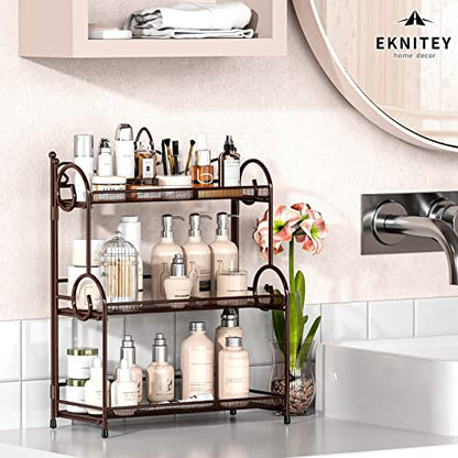 EKNITEY Bathroom Organizer Shelf Countertop - 3 Tier Spice Rack No Assembly | Kitchen Counter Organizer, for Skincare Makeup Vanity, Sturdy Metal Frame, Easy to Clean, Space-saving, Foldable, Brown - color: Brown