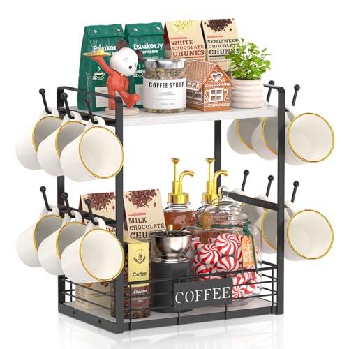 EsLuker.ly Coffee Mug Cup Holder Tree Bar Station Organizer, 2 Tier Mug Stand Rack for Countertop Kitchen, Storage Tower Display Shelf with 12 Hooks, Coffee Nook Enhancer, White-Black - color: White + Black