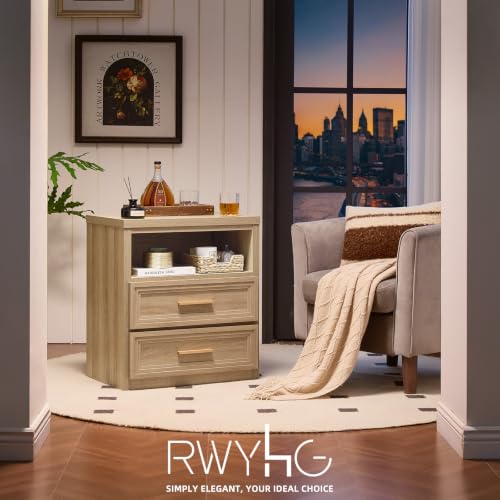RWYHG 24'' Wide Farmhouse Night Stand with 2 Drawers,Wood Nightstand | Modern End Table Open Storage Shelf, Metal Handle, Mid-Century Bed Side Table for Bedroom, Living Room,Oak - color: Oak