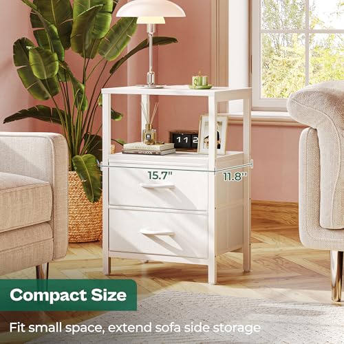 Huuger Nightstands Set of 2, End Tables with Charging Station, Side Tables with Fabric Drawers, Bedside Tables with USB Ports and Outlets, Night Stands, PU Leather, White - color: White, size: 11.8"d X 15.7"w X 23.6"h (2 Drawers)