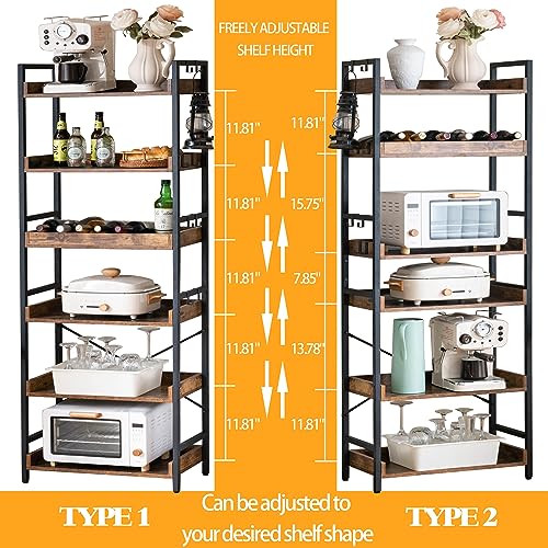 HCHQHS Adjustable 6 Tier Open Bookcase, Rustic Farmhouse Book Shelves, Industrial Wood and Black Metal Bookshelves, Mid Century Bookcase for Home Office Living Room Bedroom - color: Rustic Brown, size: 6-Tier (24"W x 70"H)