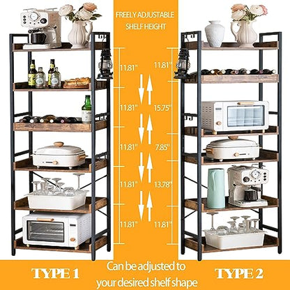 HCHQHS Adjustable 6 Tier Open Bookcase, Rustic Farmhouse Book Shelves, Industrial Wood and Black Metal Bookshelves, Mid Century Bookcase for Home Office Living Room Bedroom - color: Rustic Brown, size: 6-Tier (24"W x 70"H)