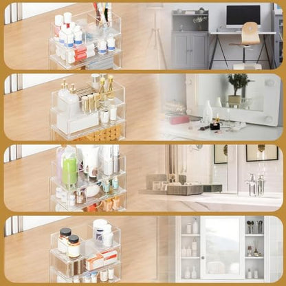 Medicine Cabinet Organizer with Removable Dividers, 3-Tier Stackable Drawer Storage for Bathroom, RV, Vanity, Countertop & Desk - size: 3 Tier Clear