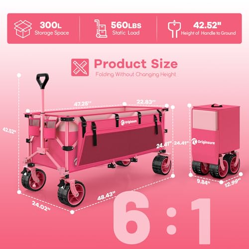 Originsure 300L Collapsible Beach Wagon Cart with Big Wheels, 560lbs, Pink | 48" Foldable Utility Wagon,7" All-Terrain Wheels,Heavy Duty Frame,Compact&Space-Saving,for Camping,Sports,Grocery,Garden - color: Pink