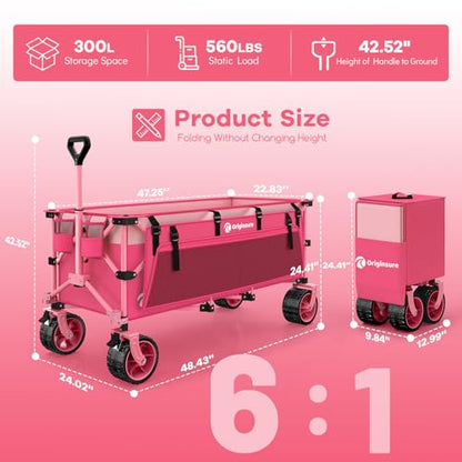 Originsure 300L Collapsible Beach Wagon Cart with Big Wheels, 560lbs, Pink | 48" Foldable Utility Wagon,7" All-Terrain Wheels,Heavy Duty Frame,Compact&Space-Saving,for Camping,Sports,Grocery,Garden - color: Pink