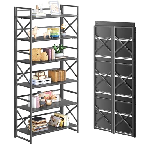 4NM 6 Tiers No Assembly Book Shelves, 61.8" H Folding Bookshelf Bookcase Open Industrial Foldable Shelves for Bedroom, Living Room, Home Office - All Black - color: All Black, size: XX 6-Tier