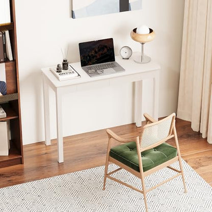 Solid Wooden Desk with Drawers - 39 x 16 Inch Modern Narrow Desks, Rubberwood Simple Study Table, Small Writing Desk for Bedroom|Small Spaces - White Desks - color: White, size: 39.4 in W x 15.7 in D