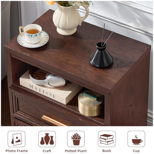 RWYHG 24'' Wide Farmhouse Night Stand with 2 Drawers,Wood Nightstand | Modern End Table Open Storage Shelf, Metal Handle, Mid-Century Bed Side Table for Bedroom, Living Room, Walnut - color: Walnut