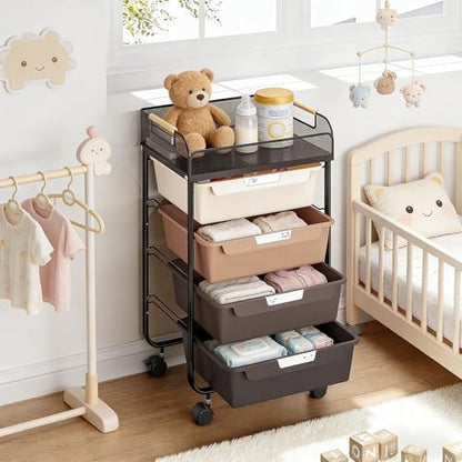 SYKIARIOL 4-Drawer Rolling Storage Cart with Mesh Top, Utility Craft Organizer Cart on Wheels with DIY Labels, Rolling Drawer Cart for Home Office Classroom Bedroom, Brown - color: Brown