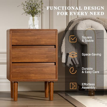 Nightstand with 3 Drawers Narrow Night Stand Solid Wood Bedside Table Mid Century Modern Nightstand Wooden End Table for Bedroom, Study, Office - color: Walnut-3d, size: 15.75''×15.75''×23.62''